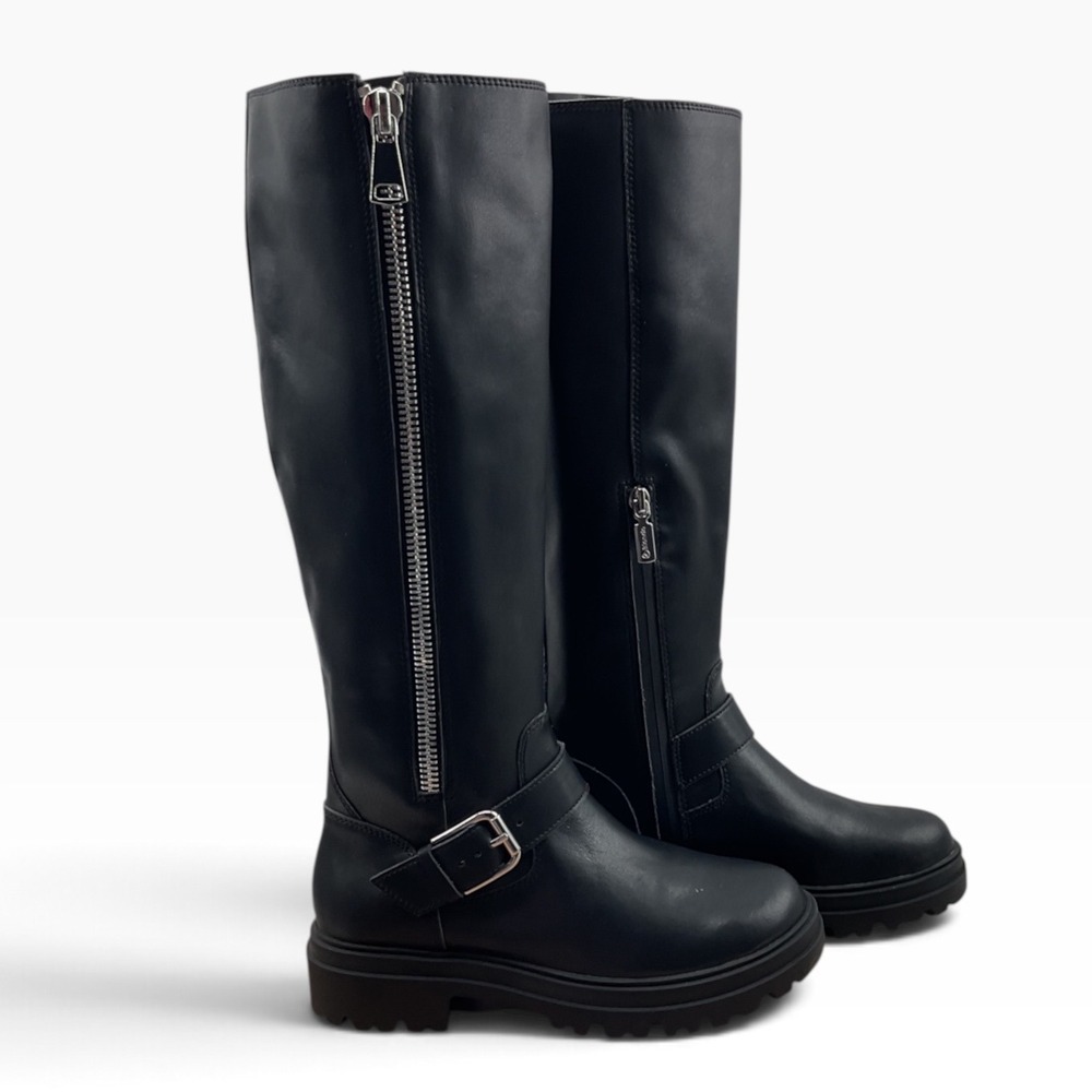 Blondo Women Black Leather Waterproof Tall Moto Lug Sole Boots Knee High